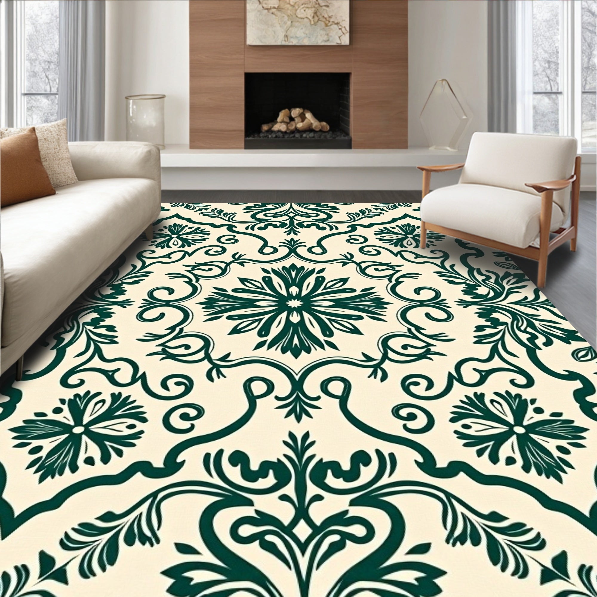 Emerald Flourish Damask Pattern Rug