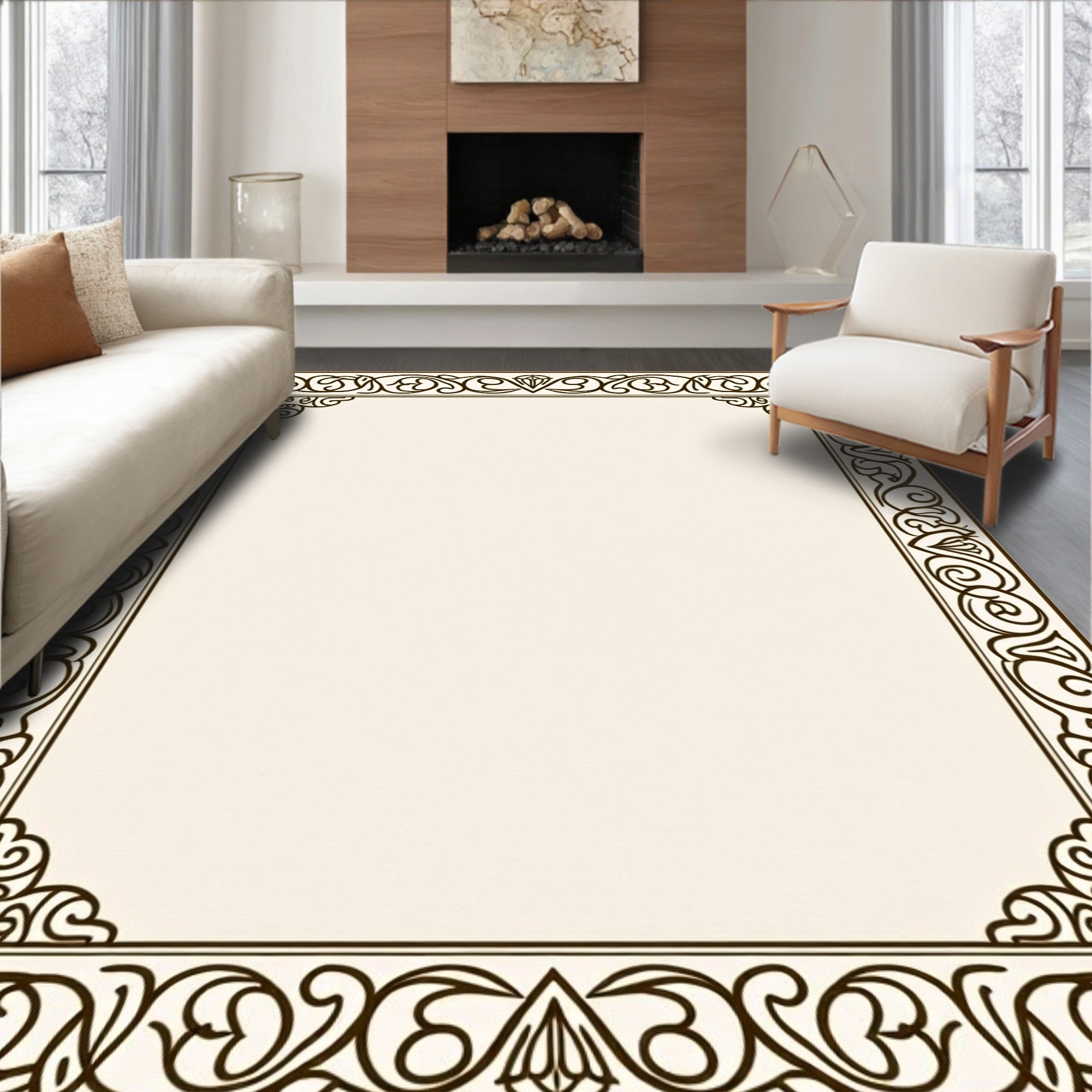 Elegant Scrollwork Botanical Edge Design Rug