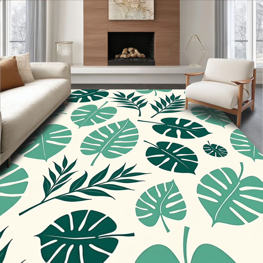 Tropical Leaf Pattern In Teal Rug