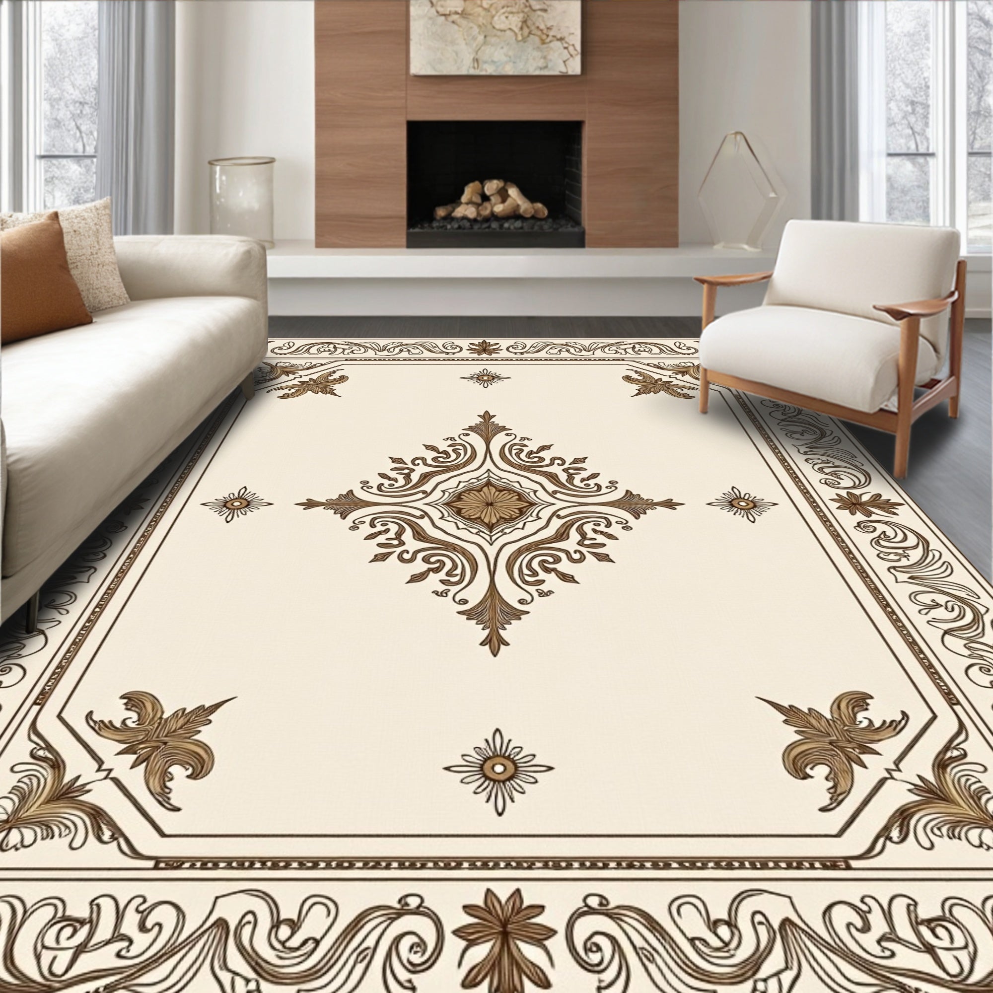 Antique Brown Floral Scroll Work Rug