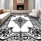 Ornate Black White Floral Scroll Work Rug