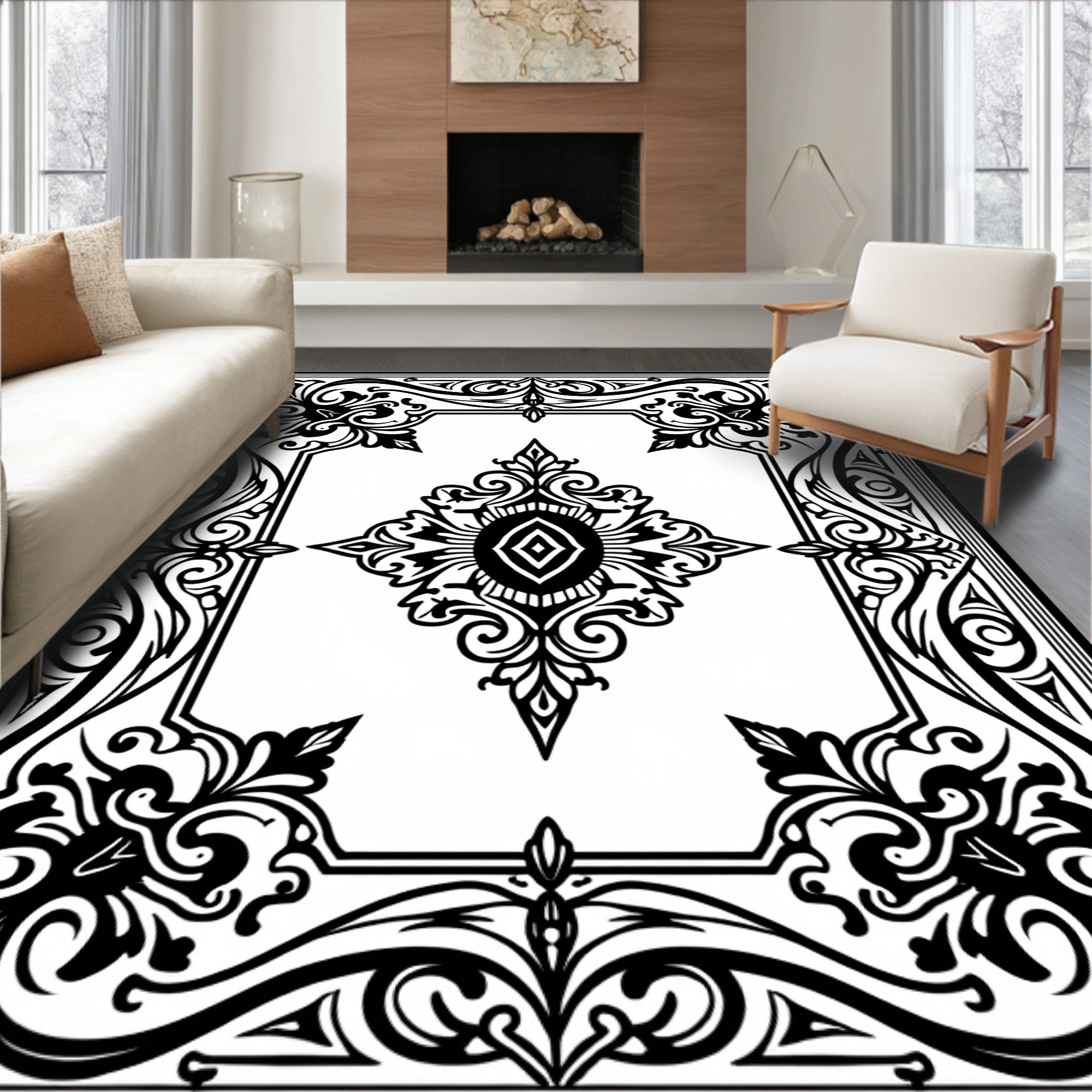 Ornate Black White Floral Scroll Work Rug
