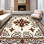 Ornate Dark Brown Floral Border Rug