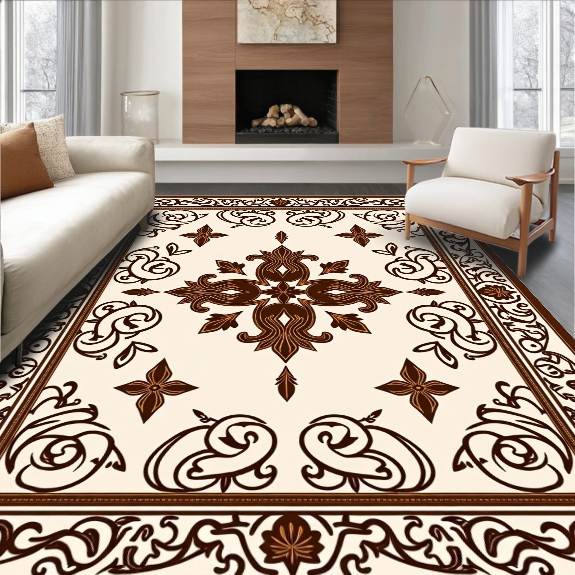 Ornate Dark Brown Floral Border Rug