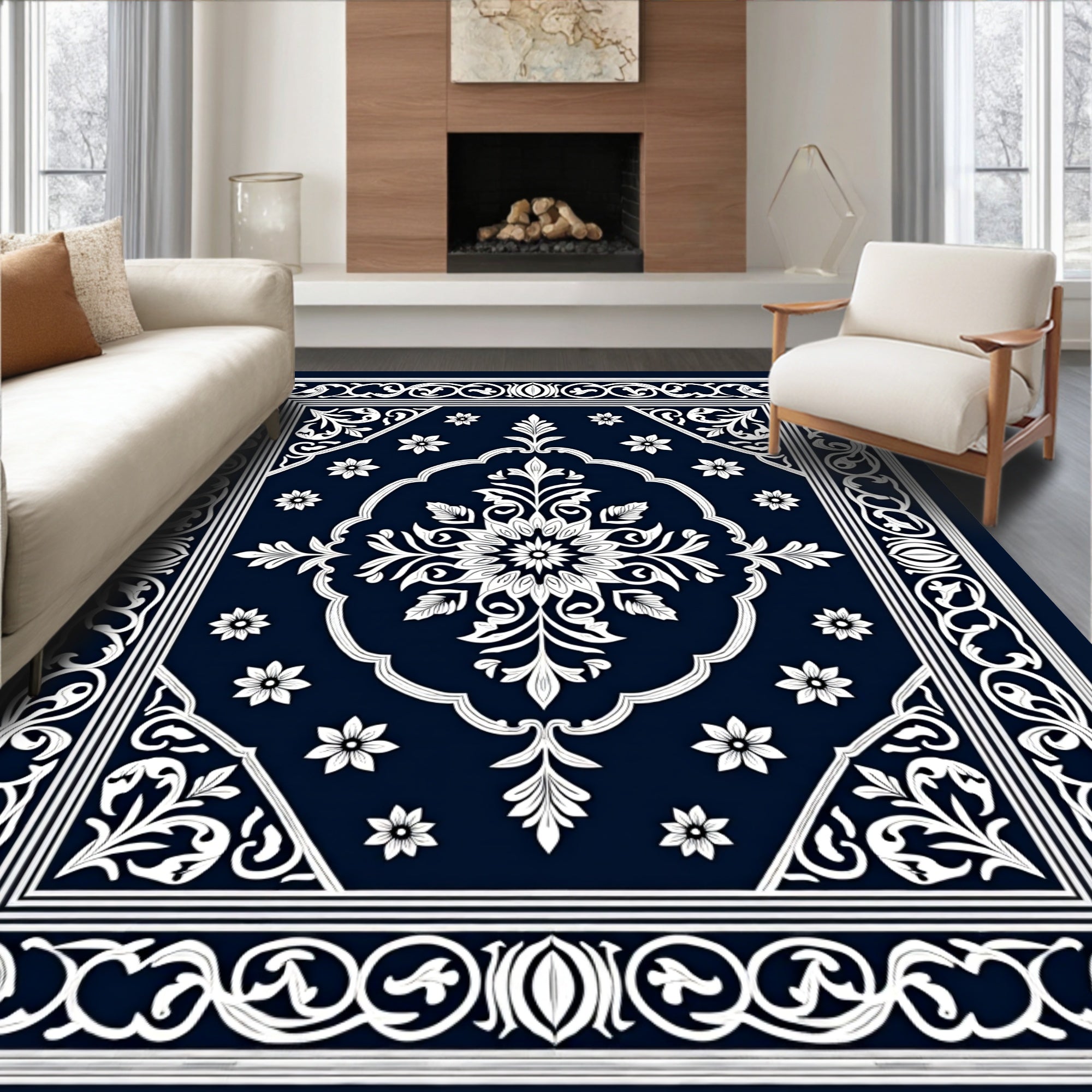 Classic White Floral Medallion Rug