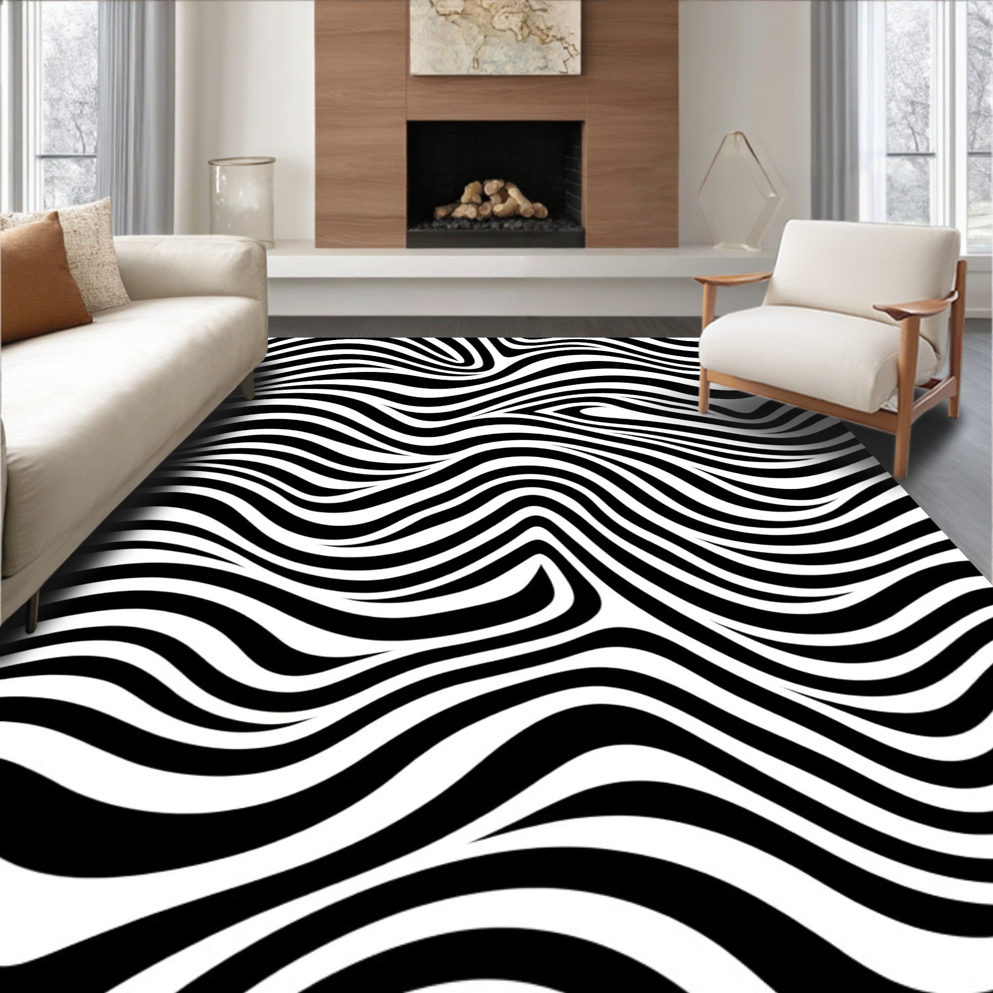 Optic Wave Black White Pattern Rug
