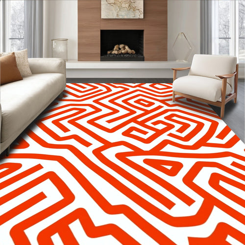 Abstract Orange Maze Pattern Rug