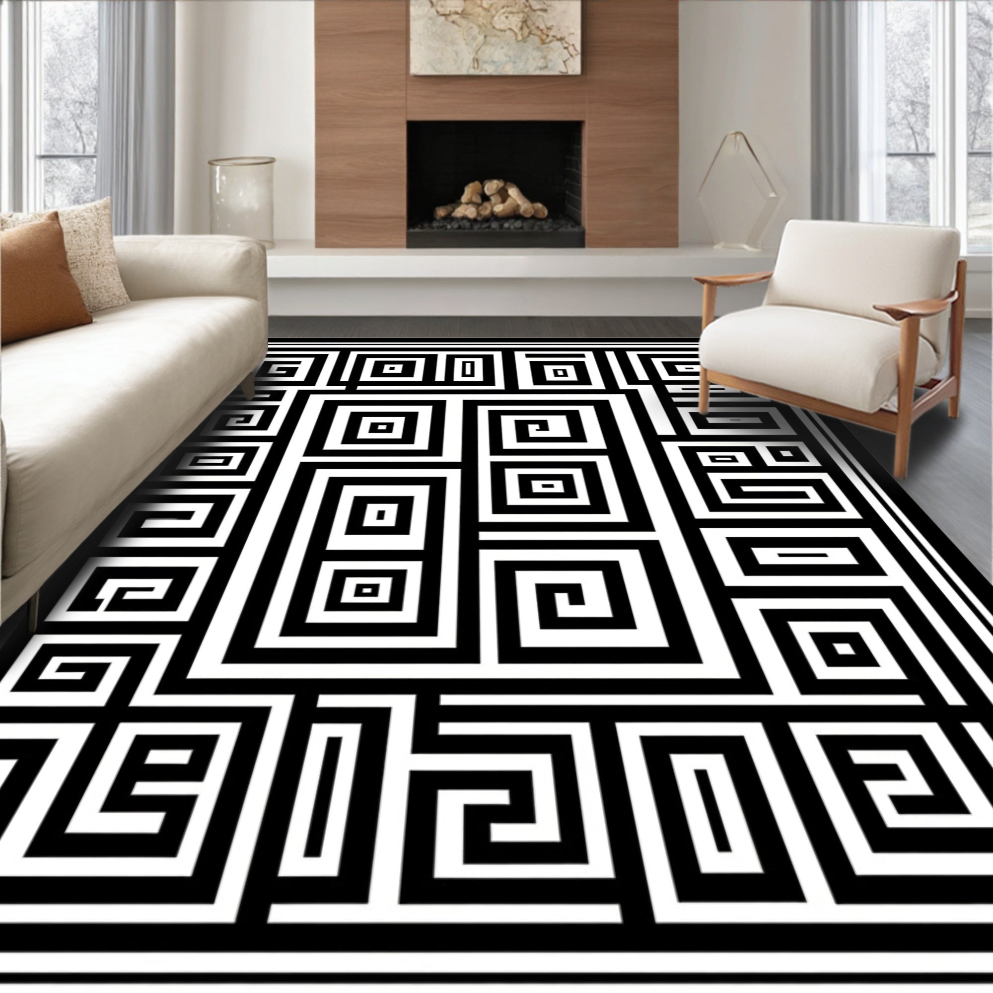 Bold Black White Geometric Maze Rug