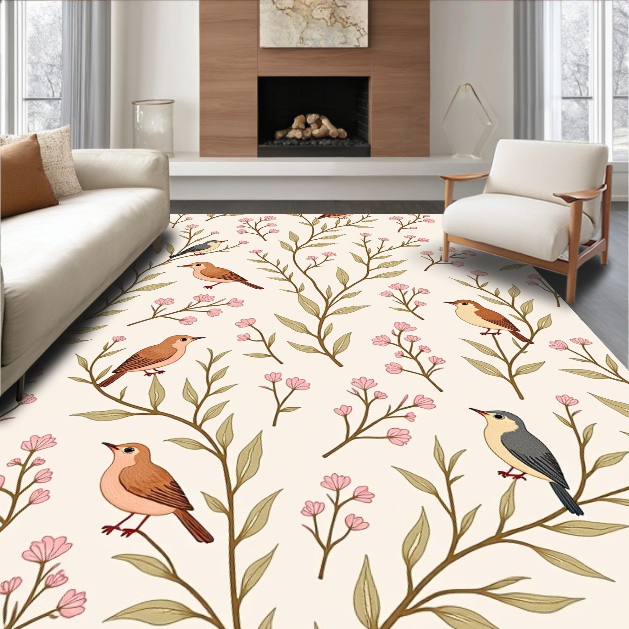 Whimsical Birds And Blossoms Pattern Rug