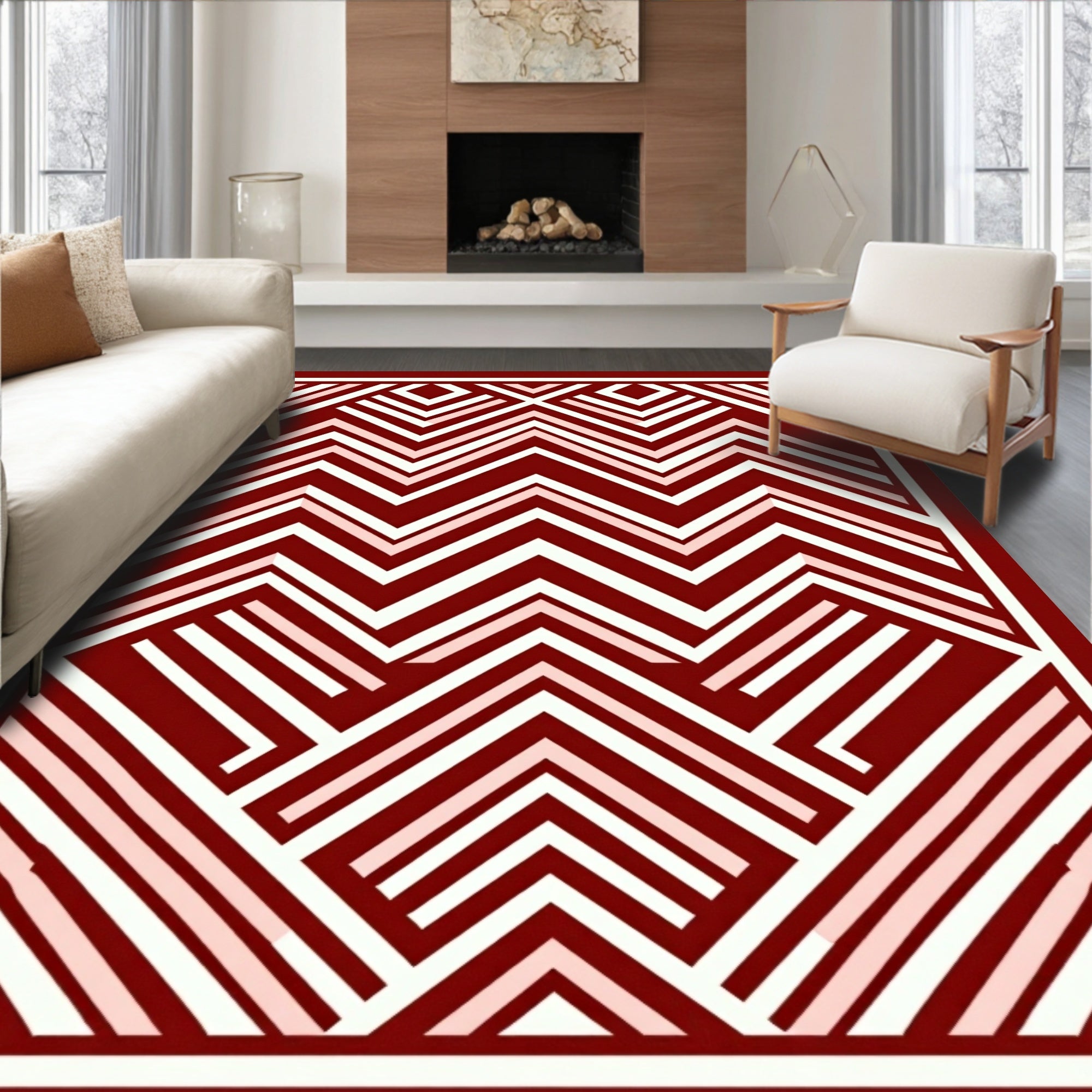 Geometric Patterned Crimson Zigzag Style Rug