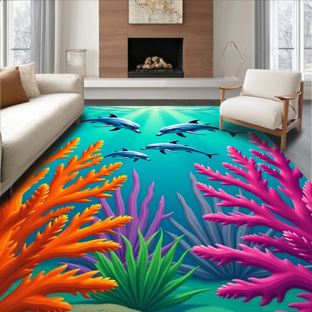 Ocean Dolphins Coral Reef Scene Rug