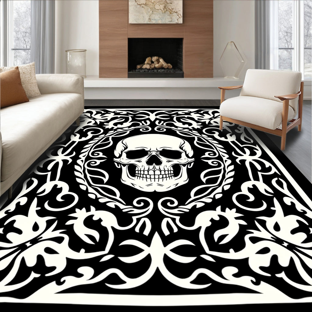 Black White Skull Floral Frame Rug