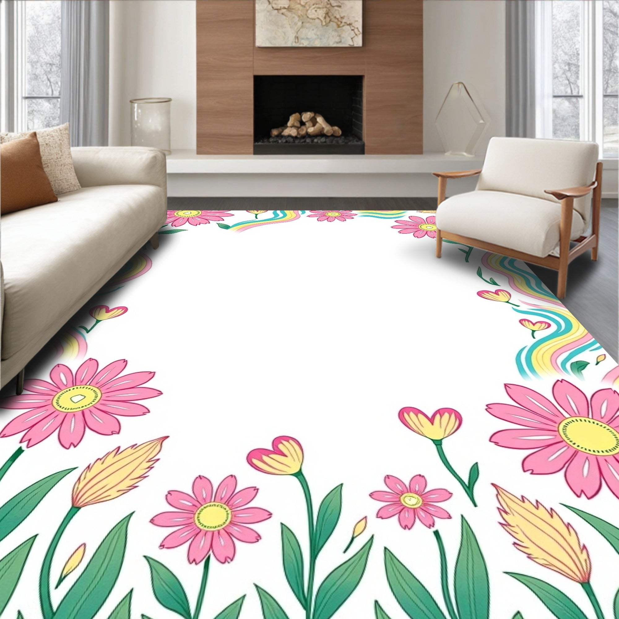 Whimsical Floral Rainbow Border Design Rug