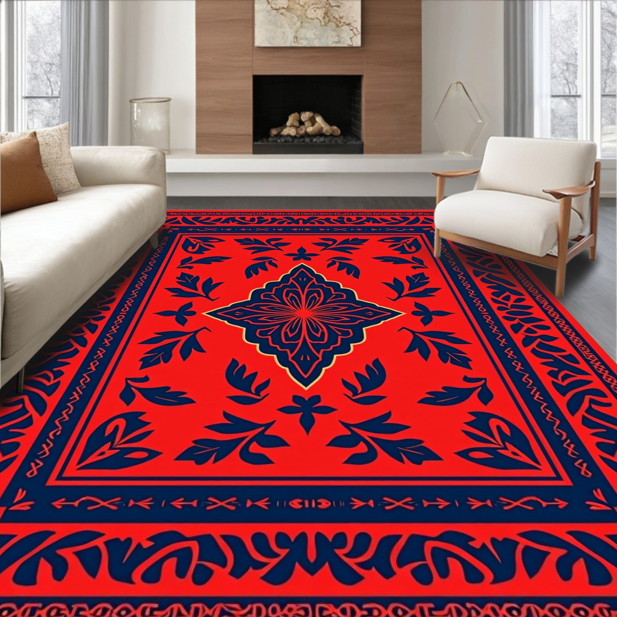 Bold Floral Border With Geometric Accents Rug