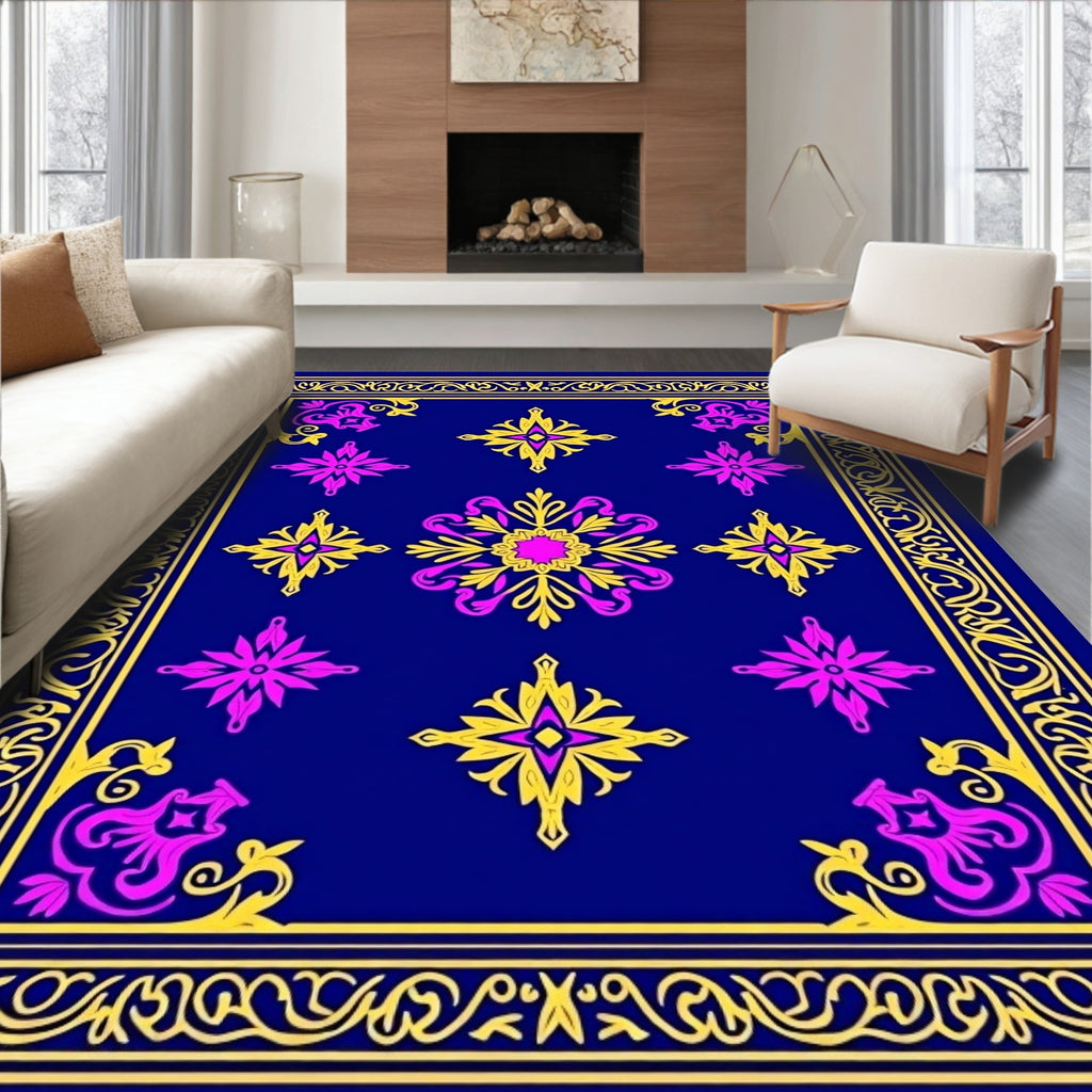 Cobalt Blue Gold Pink Medallion Border Rug