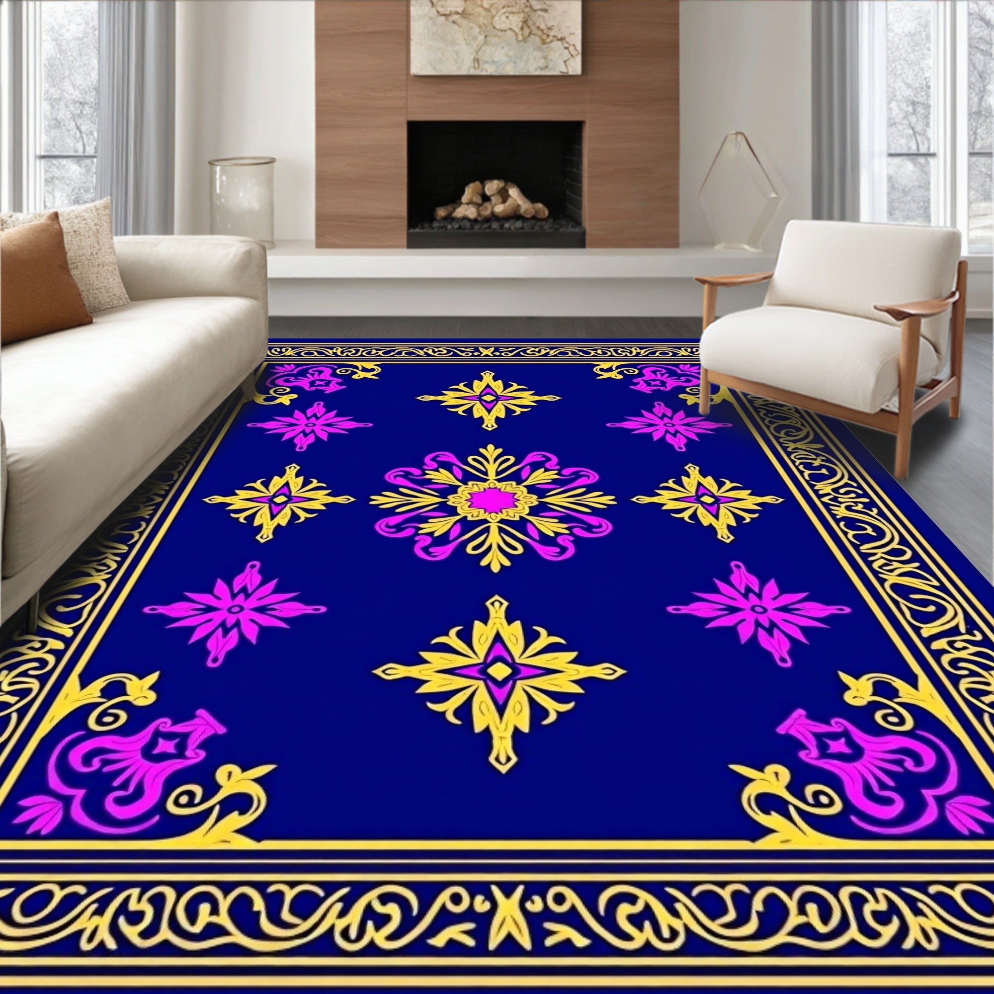 Cobalt Blue Gold Pink Medallion Border Rug