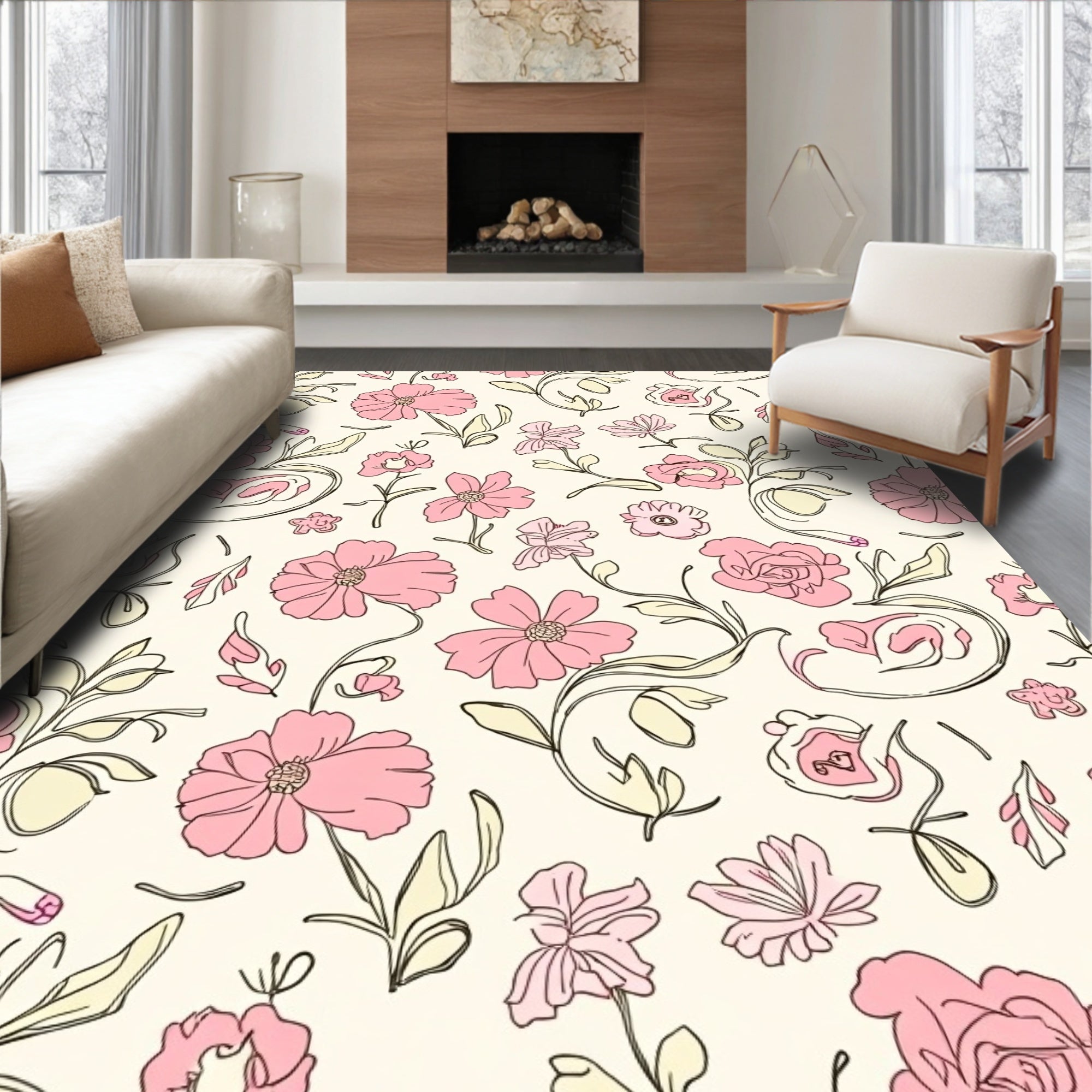 Pink Floral Swirl Pattern Rug