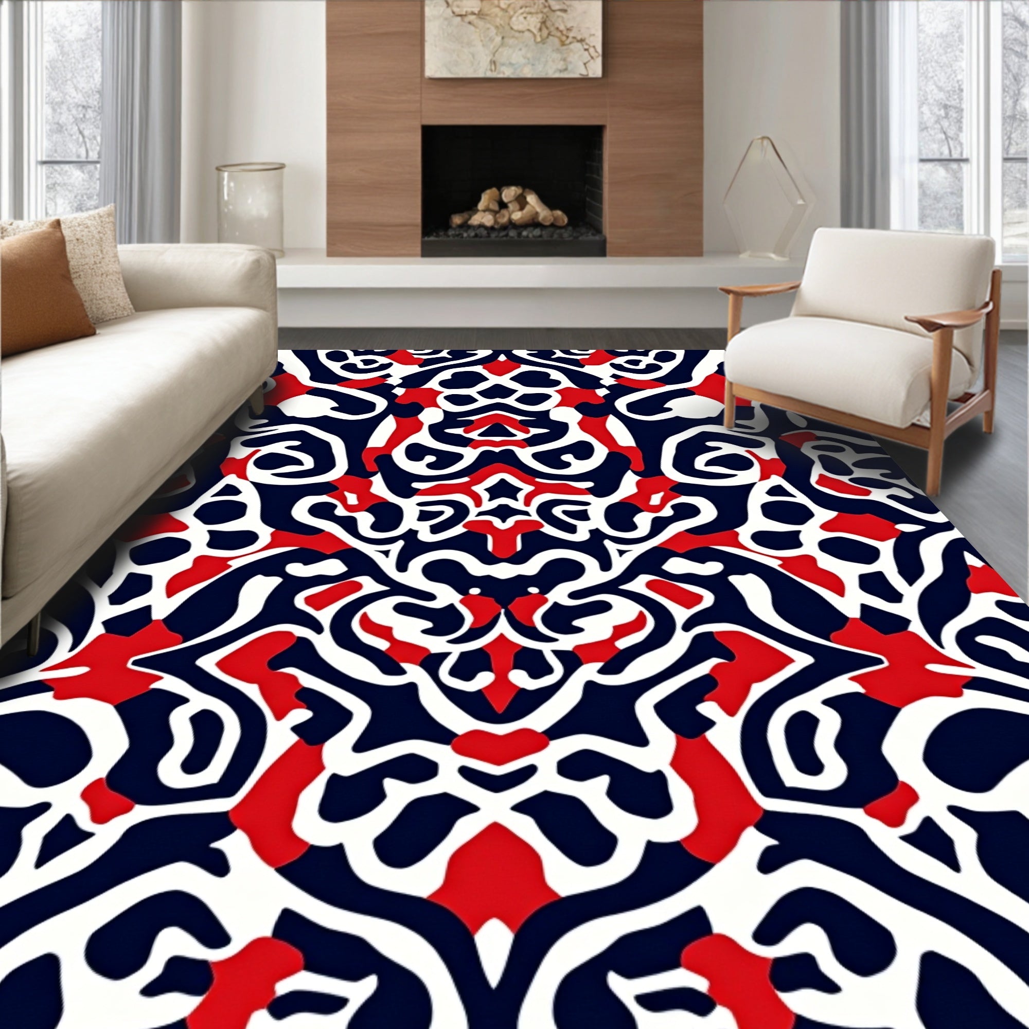 Bold Red White Navy Abstract Pattern Rug