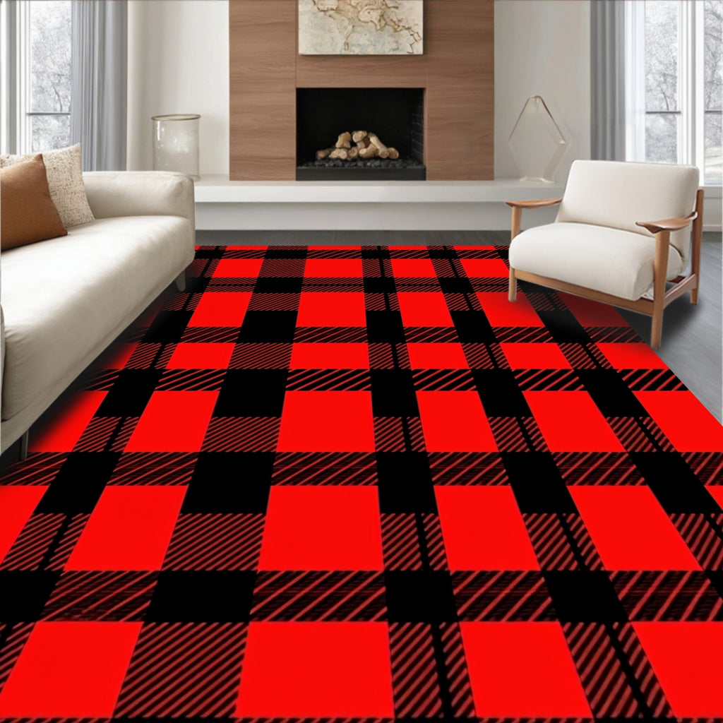 Bold Red Black Plaid Checkered Design Rug