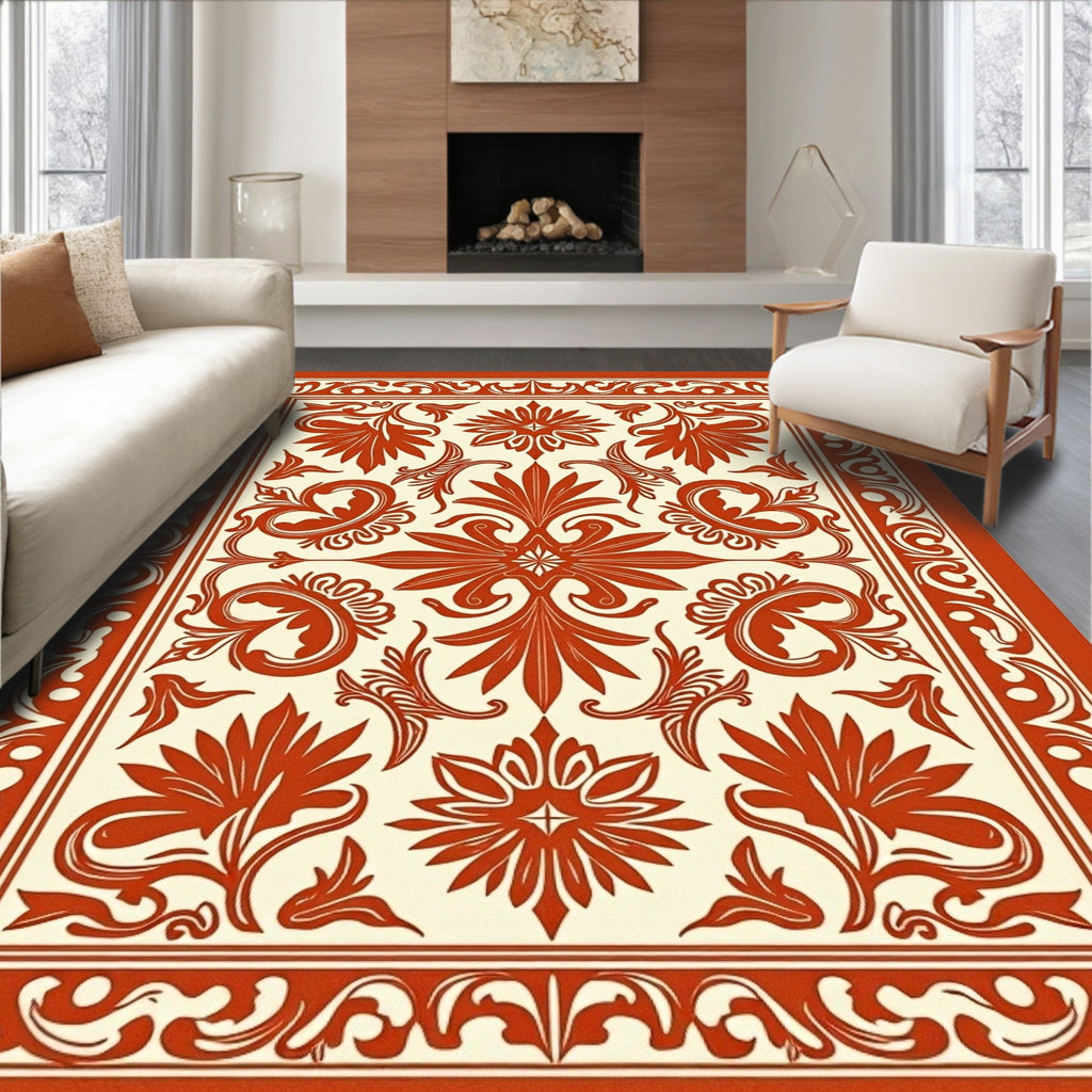Red Cream Floral Damask Pattern Rug
