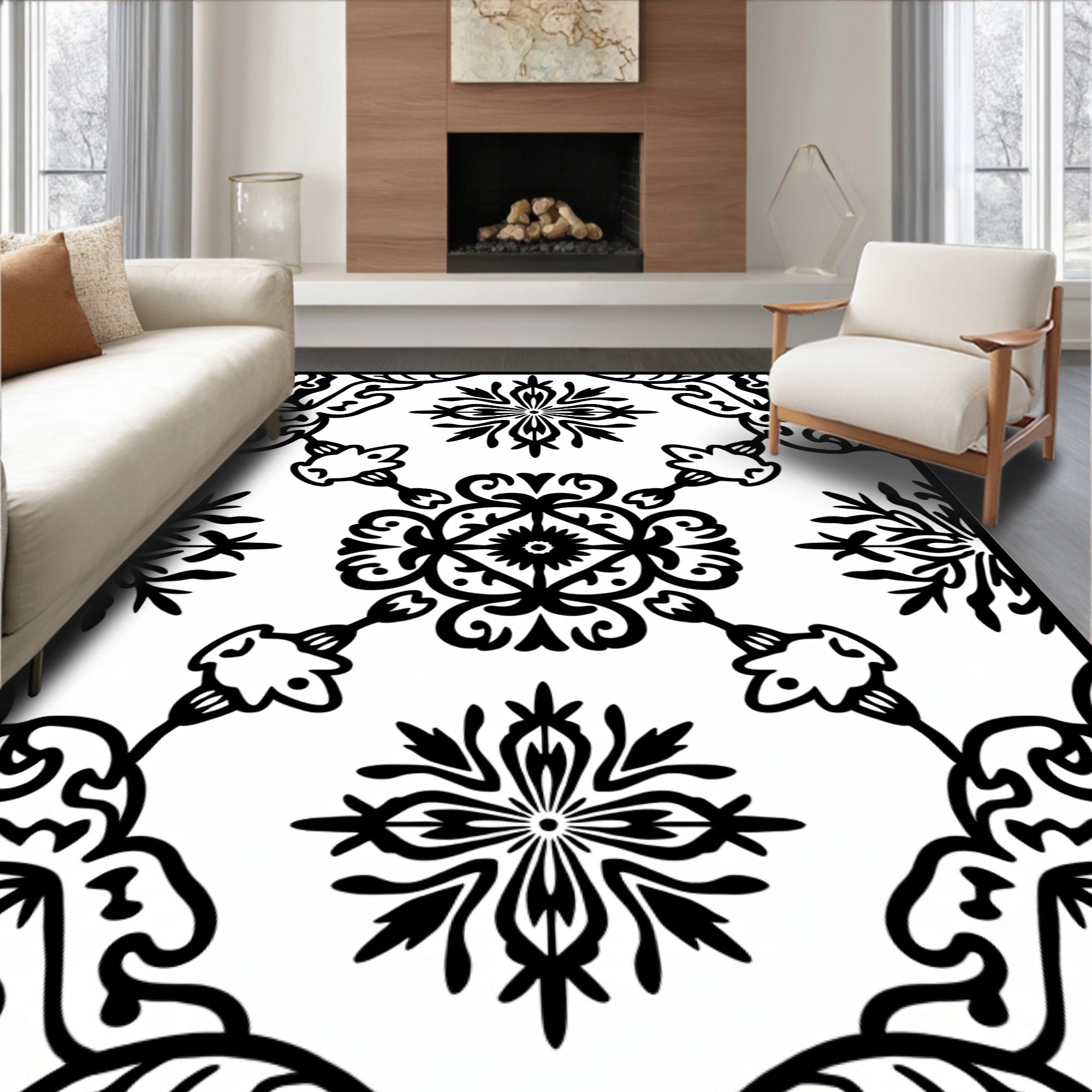 Abstract Symmetry Black Floral Pattern Rug