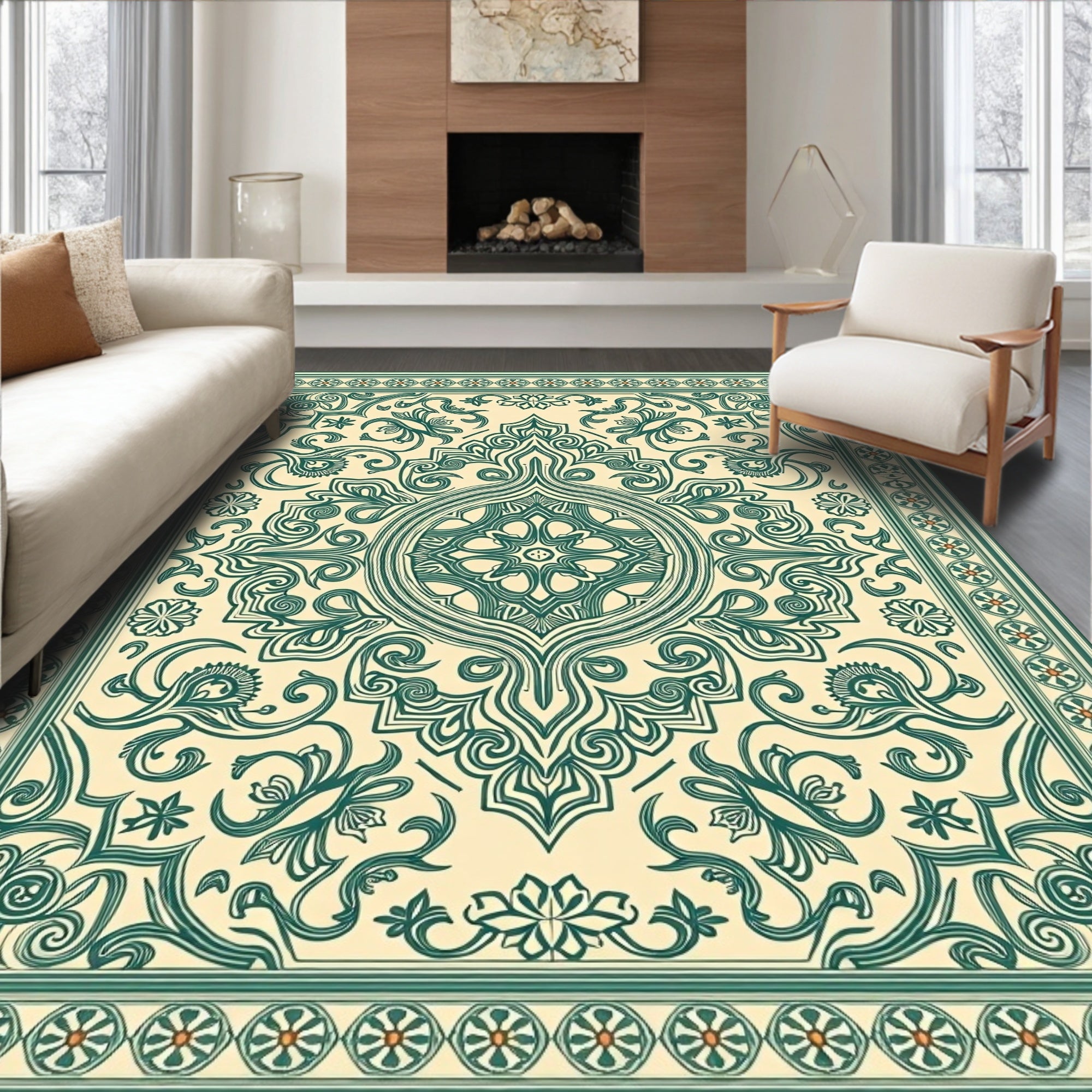 Vintage Green Floral Damask Rug