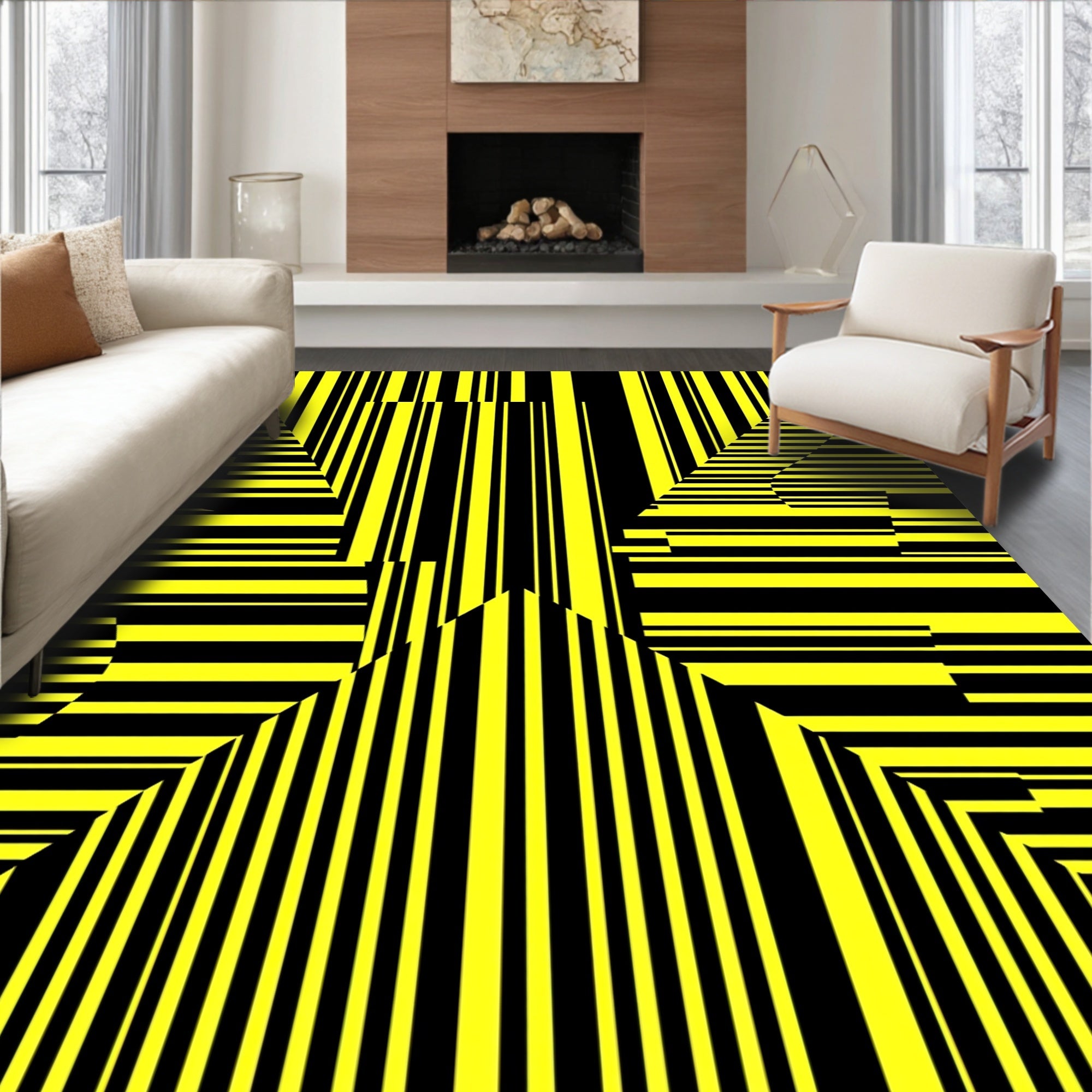 Bold Yellow Black Geometric Design Rug