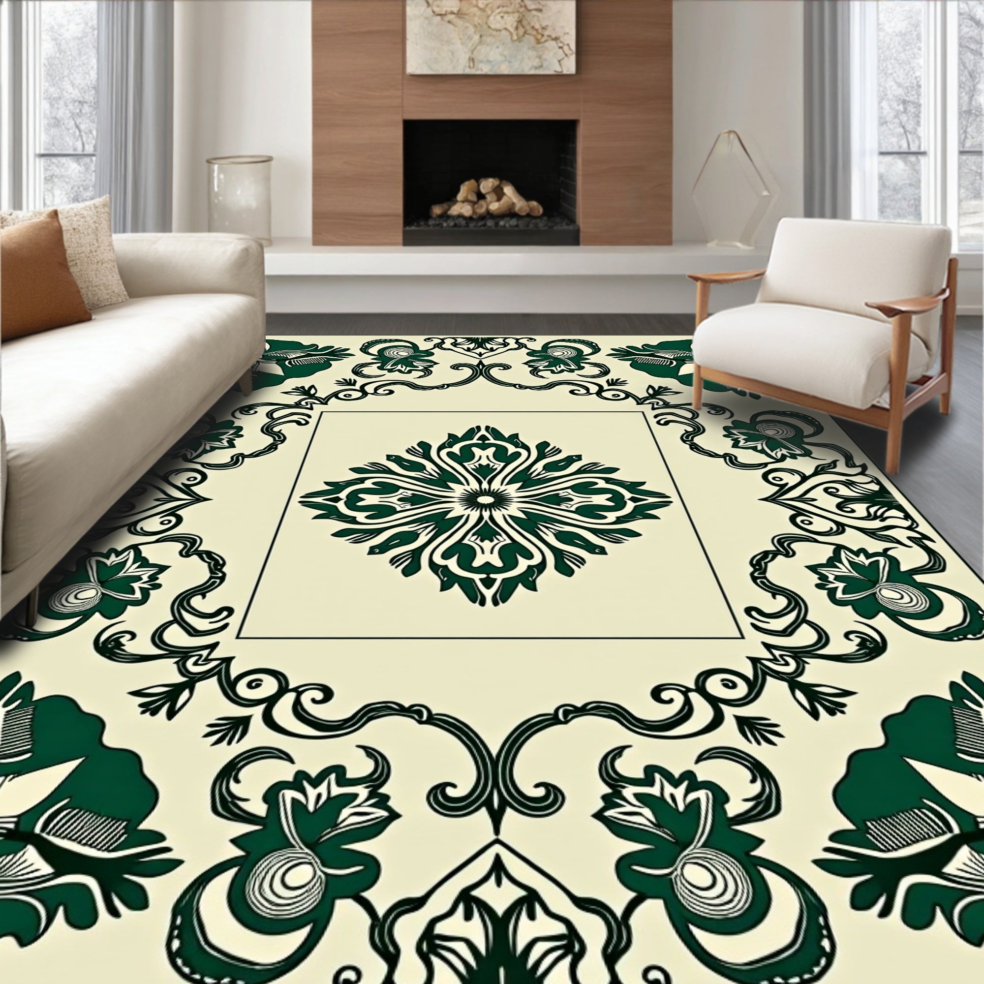 Dark Green floral Scrollwork Pattern Rug