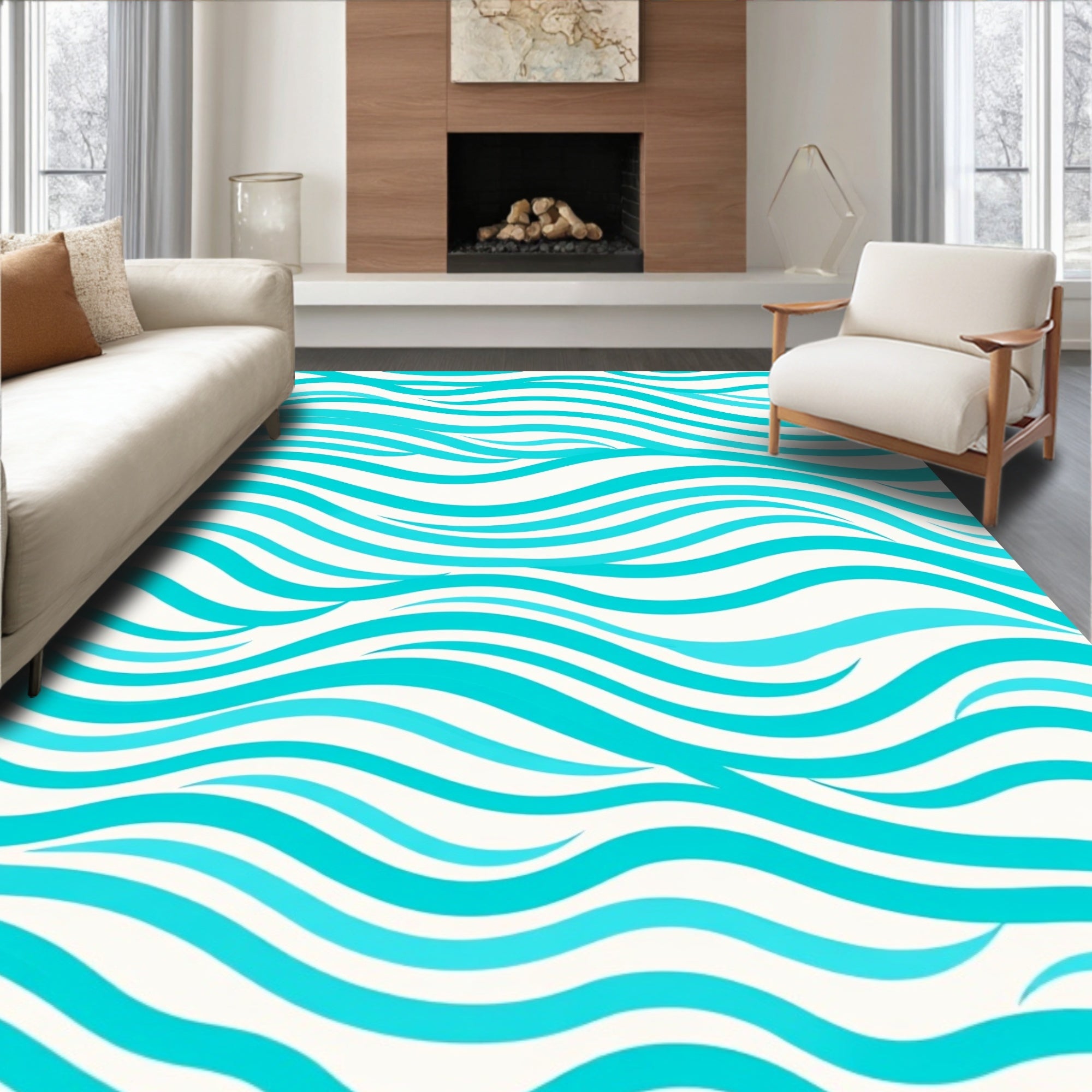 Turquoise Wave Pattern Textile Design Rug