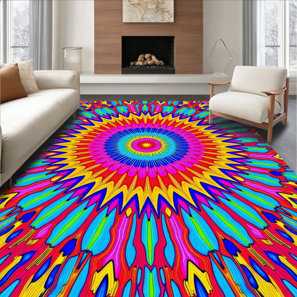 Vibrant Psychedelic Starburst Mandala Rug