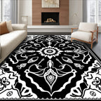 Bold Black and White Floral Mandala Rug
