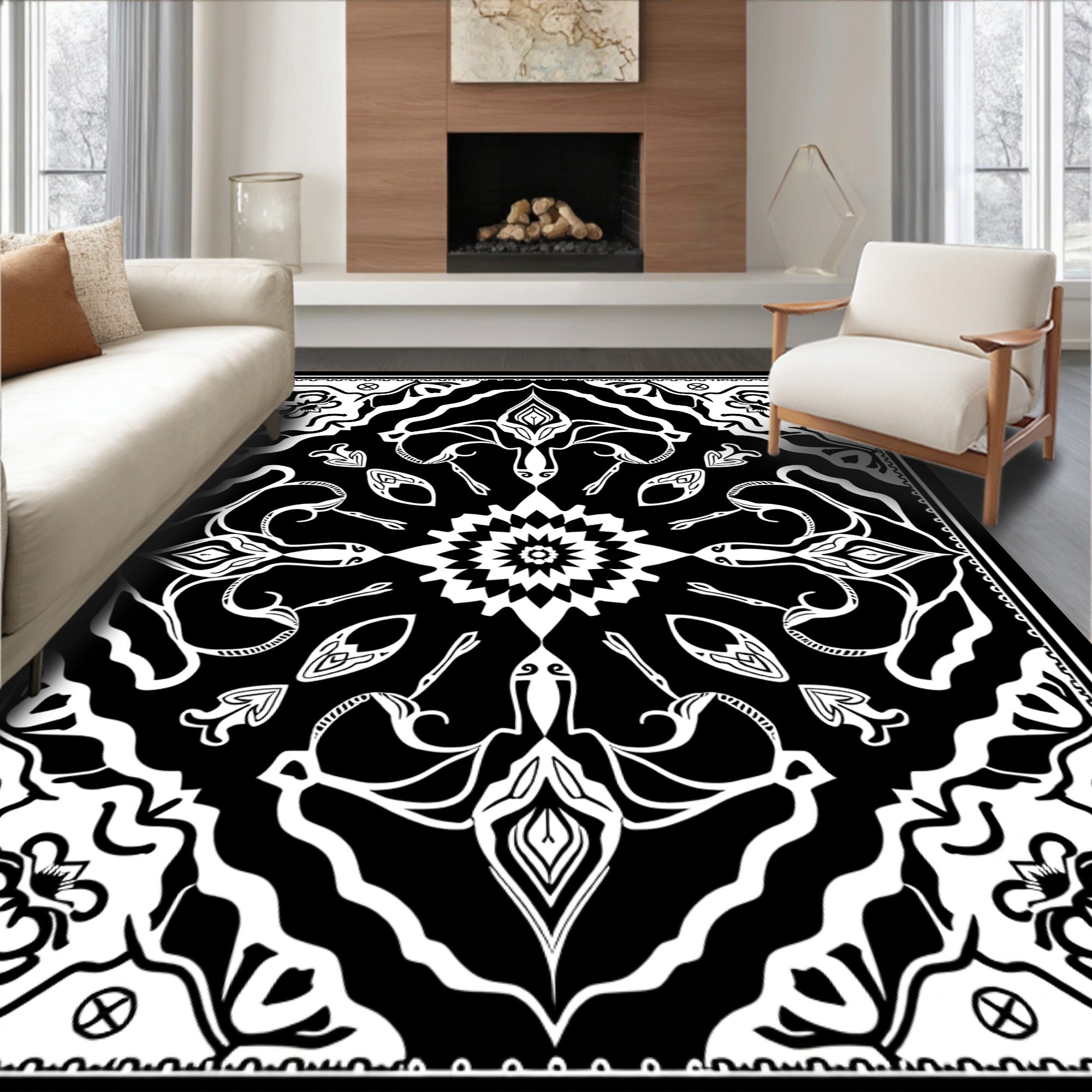 Bold Black and White Floral Mandala Rug