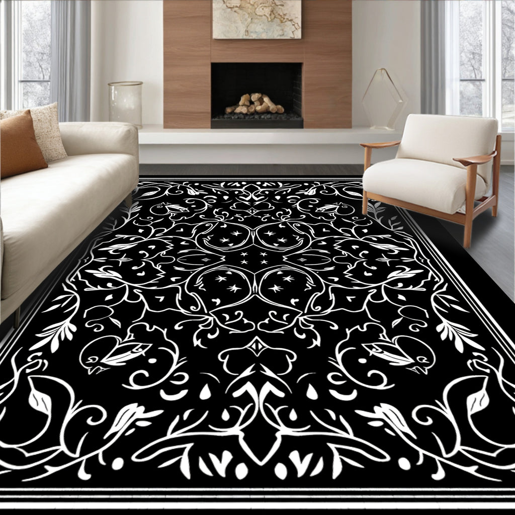 White Black Floral Symmetry Vines Rug