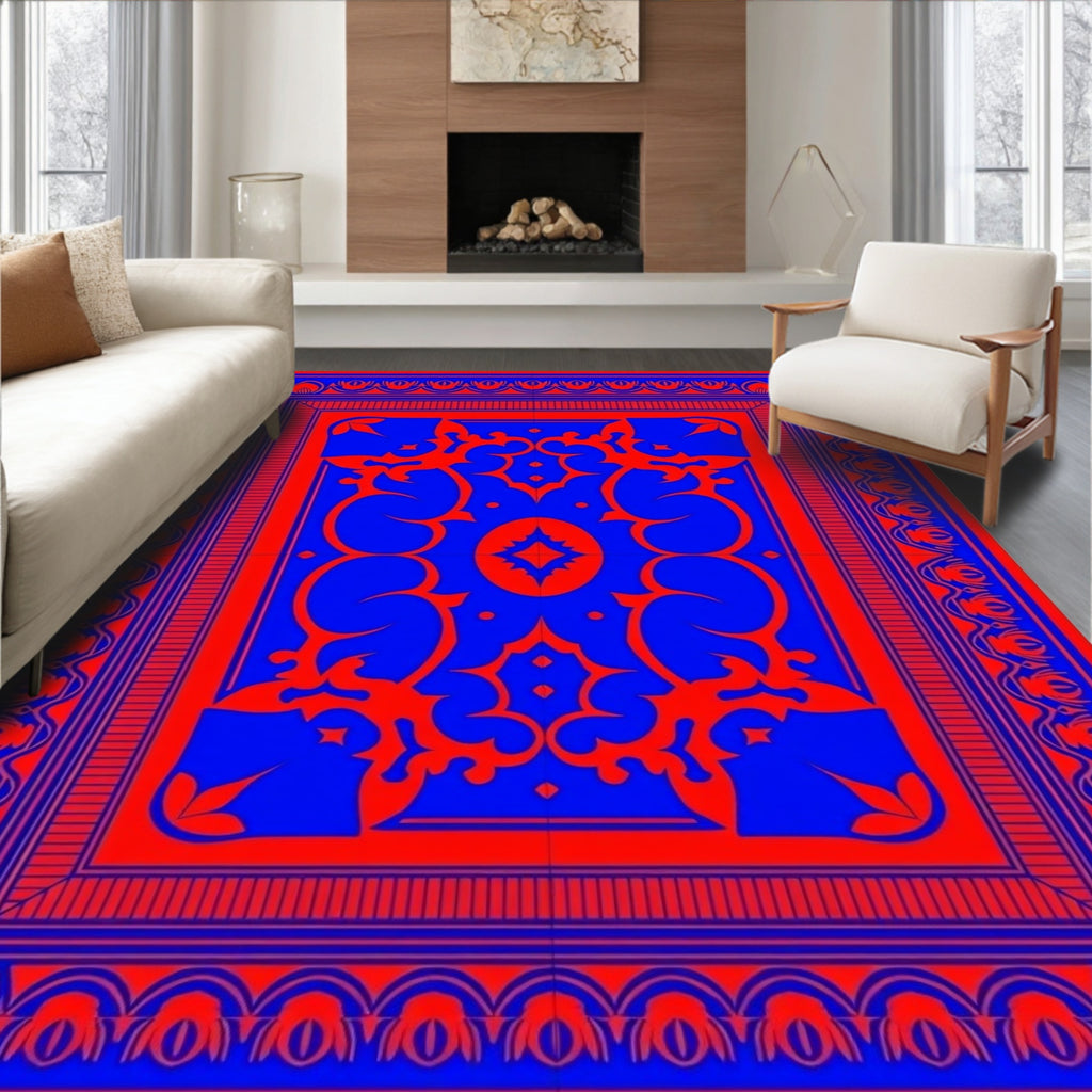 Bold Red and Blue Floral Pattern Rug