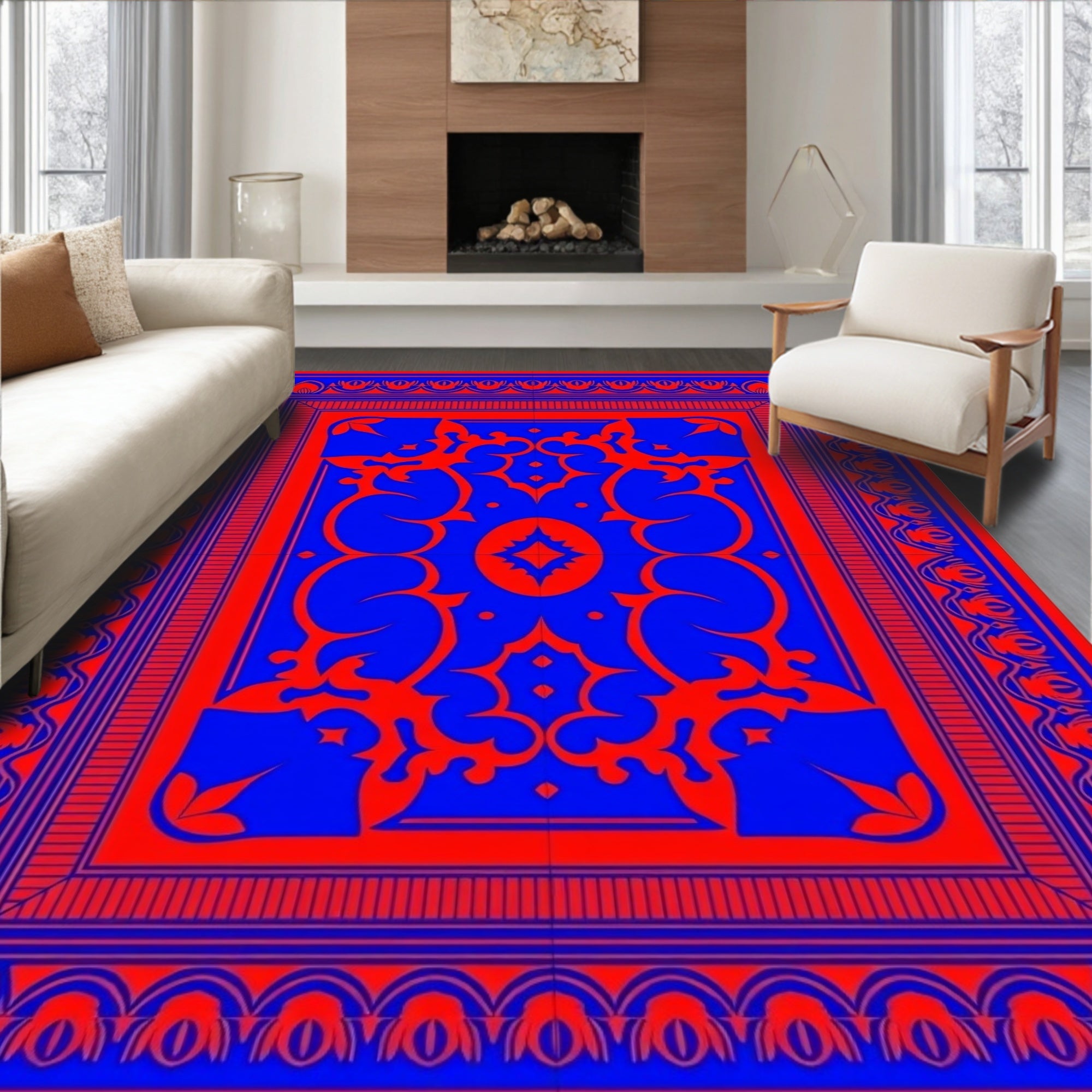 Bold Red and Blue Floral Pattern Rug