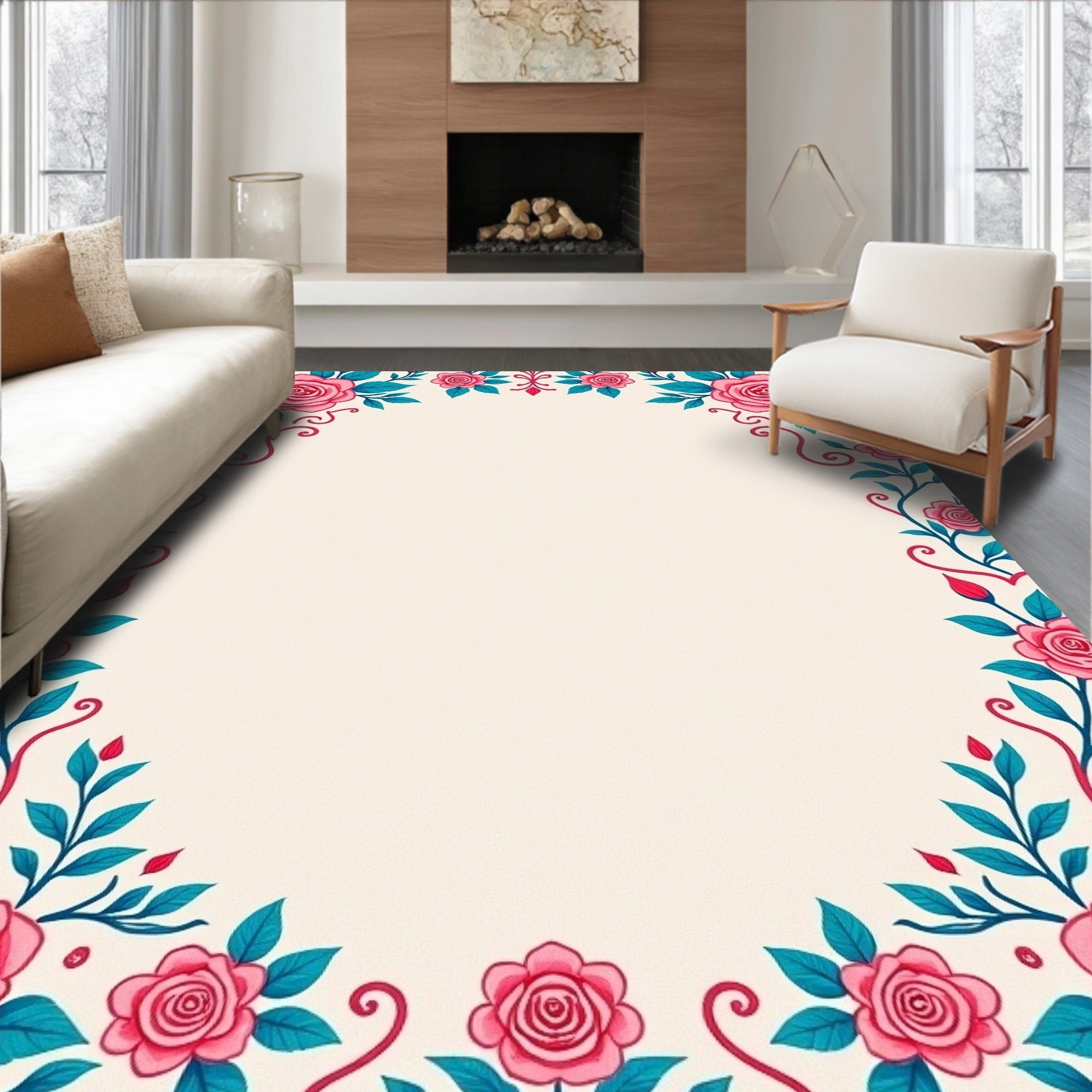 Pink Rose Teal Leaf Flourish Rug