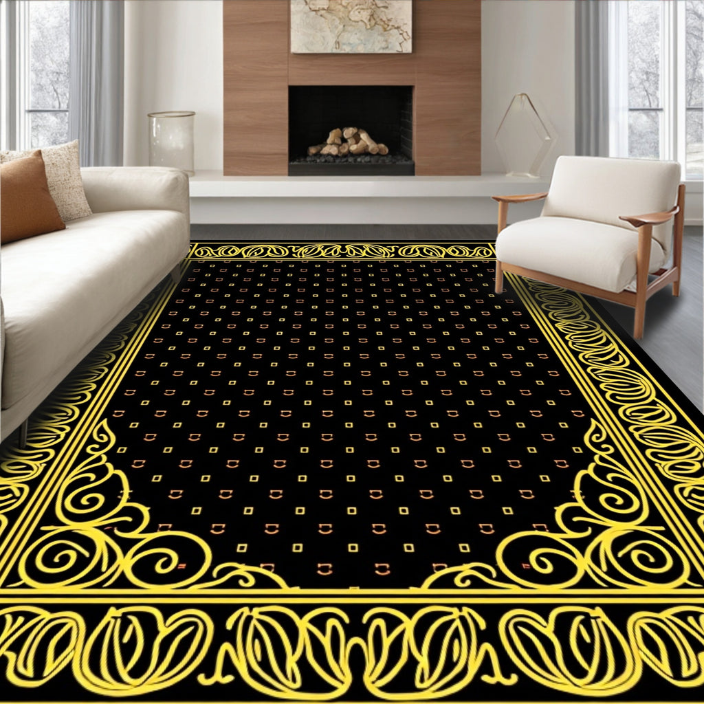 Black Yellow Floral Border Rug