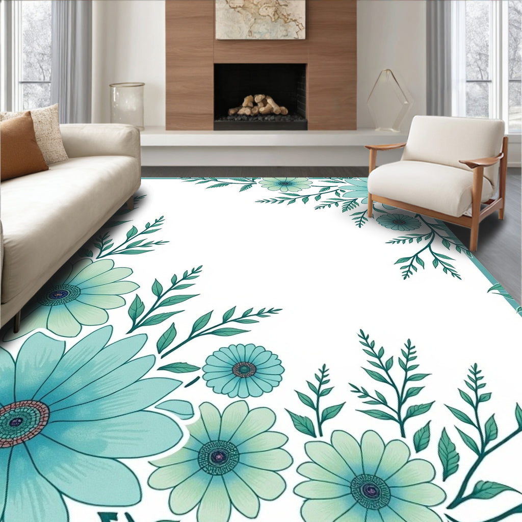 Teal Floral Border With Greenery Rug