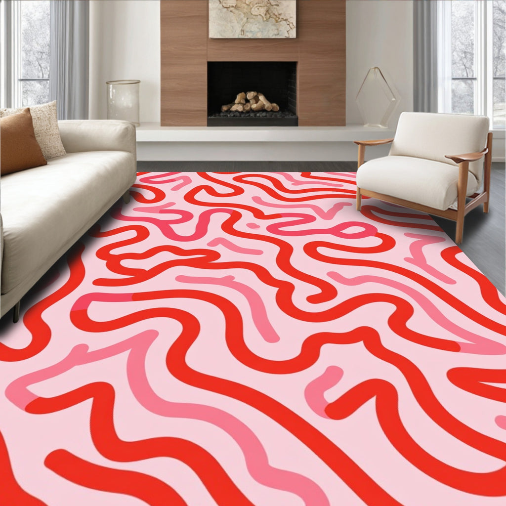 Playful Red Pink Wavy Line Design Rug