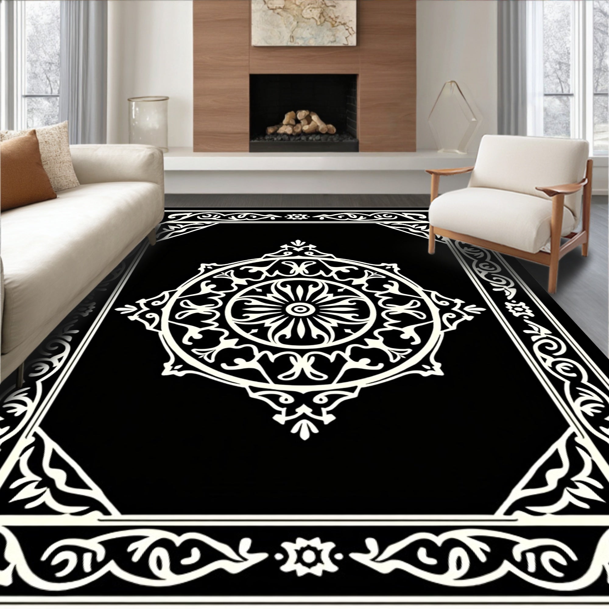 Ornate Medallion Black White Intricate Rug