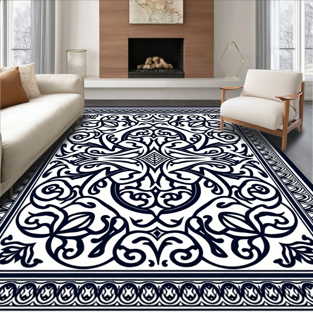 Intricate Black White Floral Scroll Design Rug