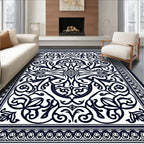 Intricate Black White Floral Scroll Design Rug
