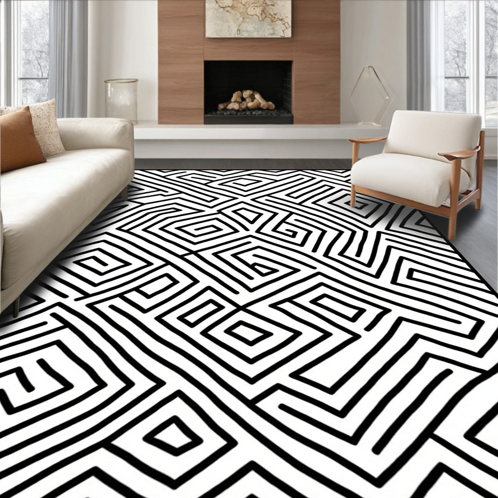 Monochrome Abstract Maze Pattern Rug