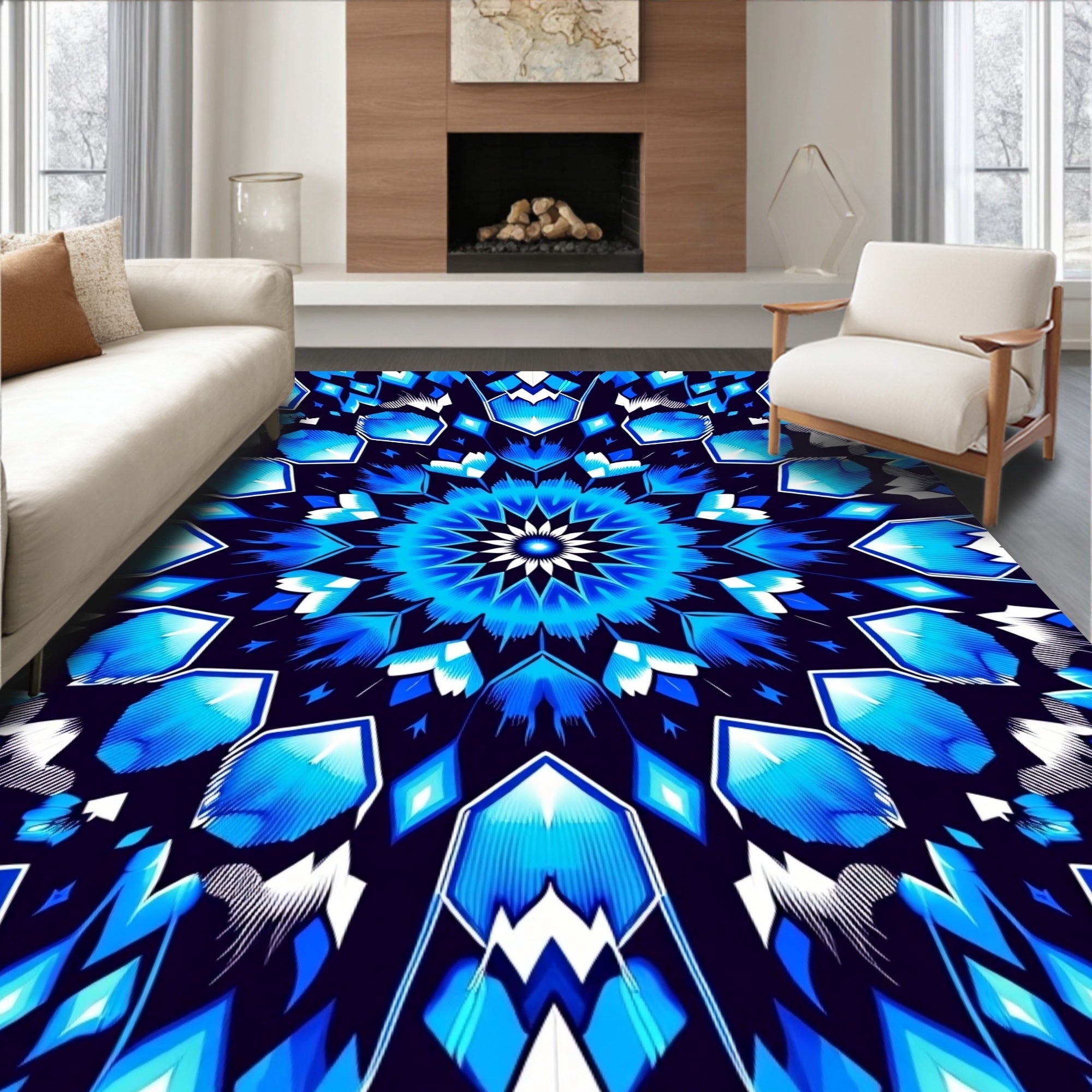 Intricate Blue Geometric Mandala Design Rug