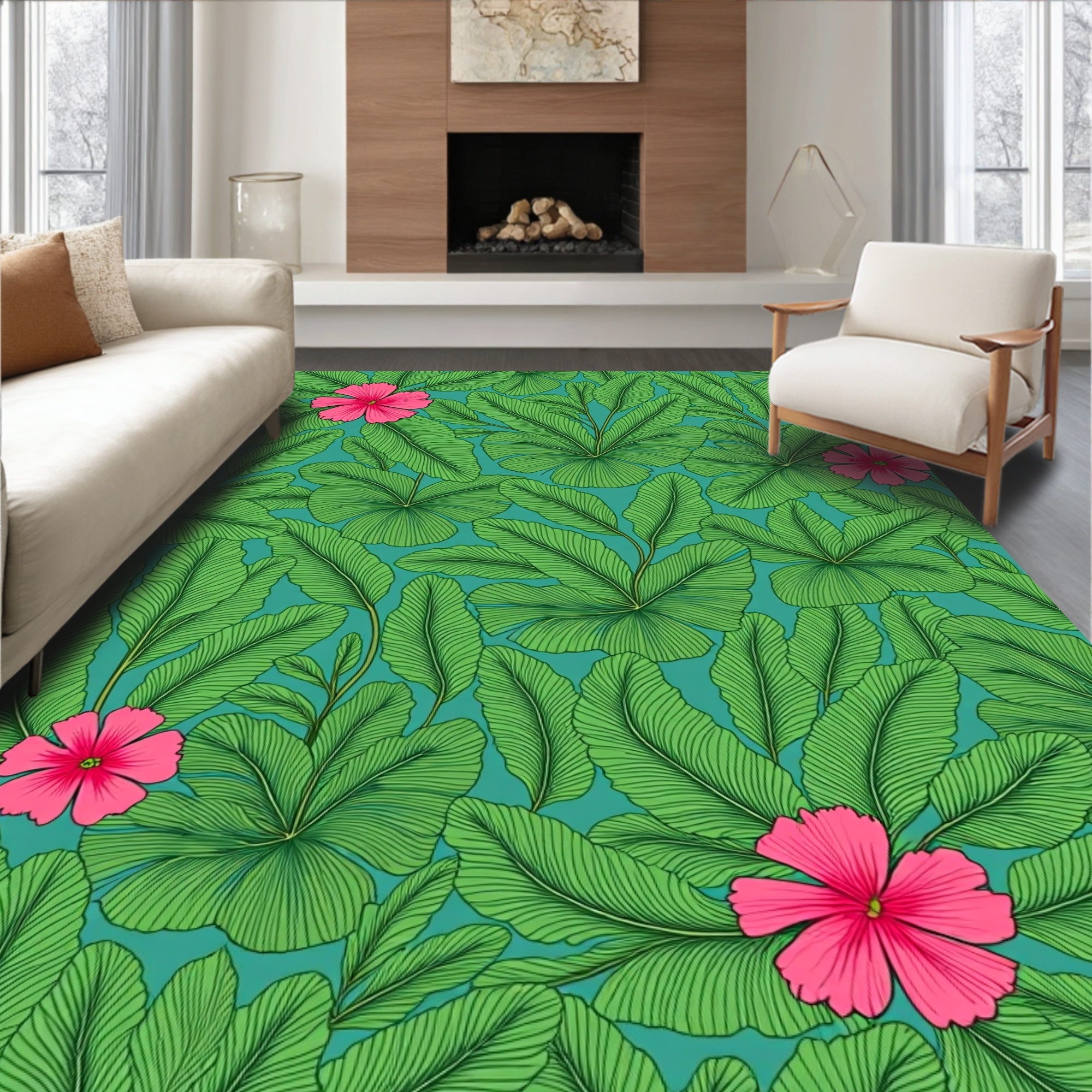Vibrant Floral Green Leaf Pattern Rug
