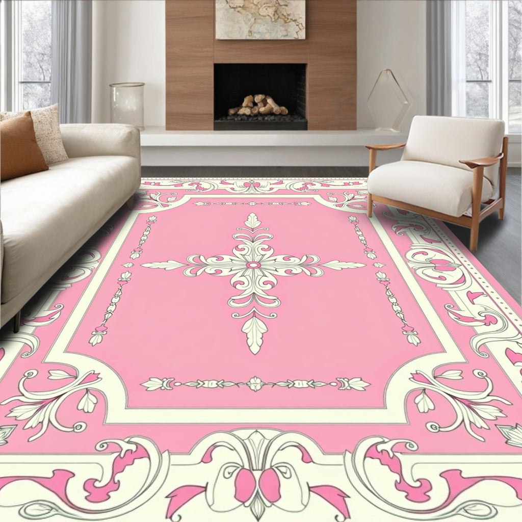 Elegant Pink Floral Scroll Pattern Rug