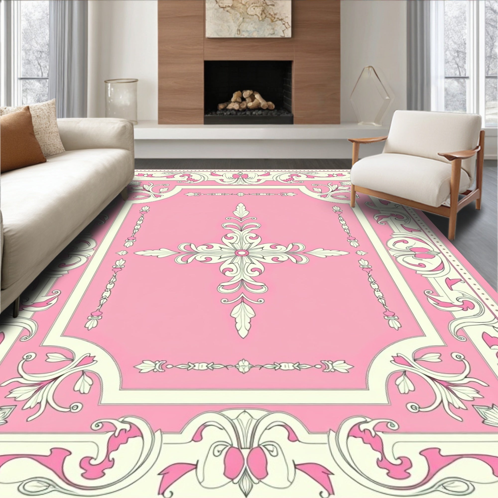 Elegant Pink Floral Scroll Pattern Rug