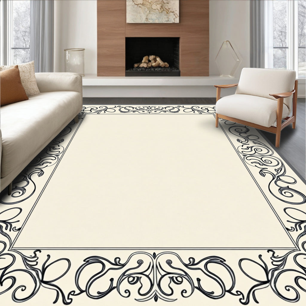 Ornate Black Floral Border Rug