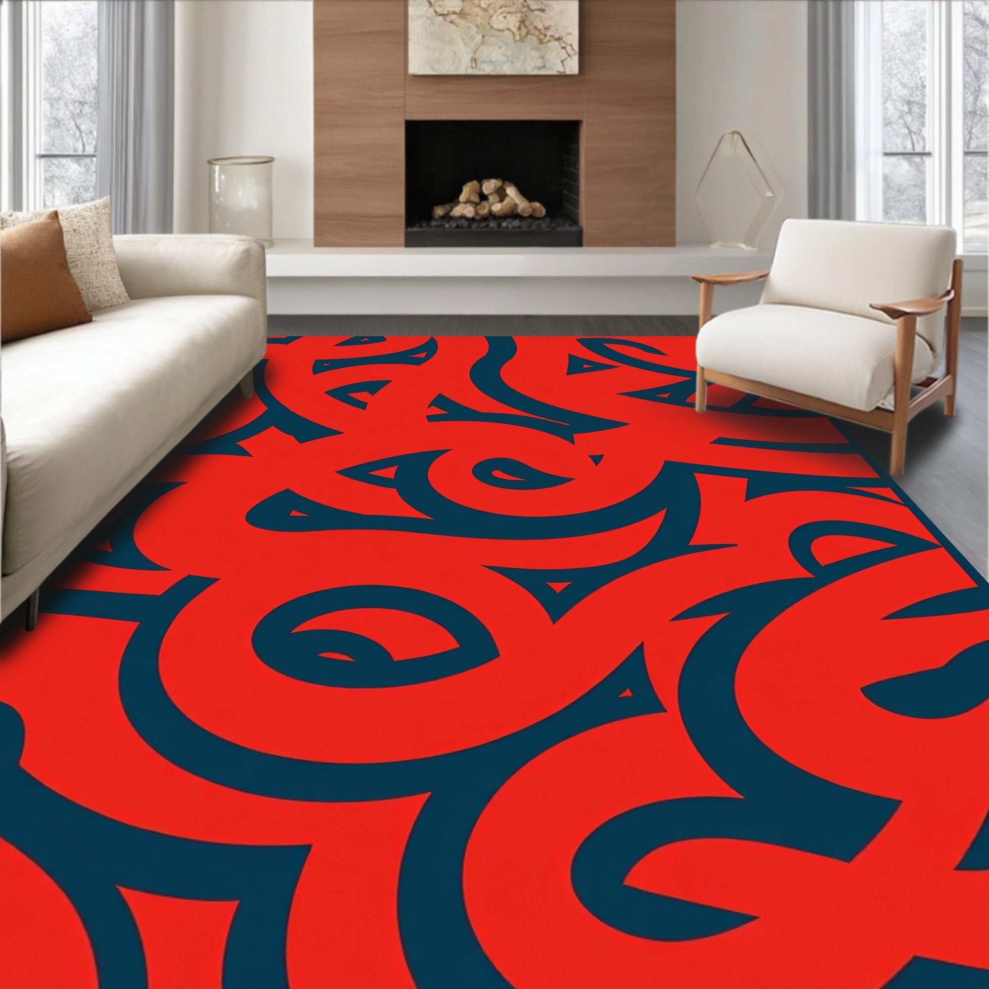 Bold Red Wavy Swirl Pattern Rug