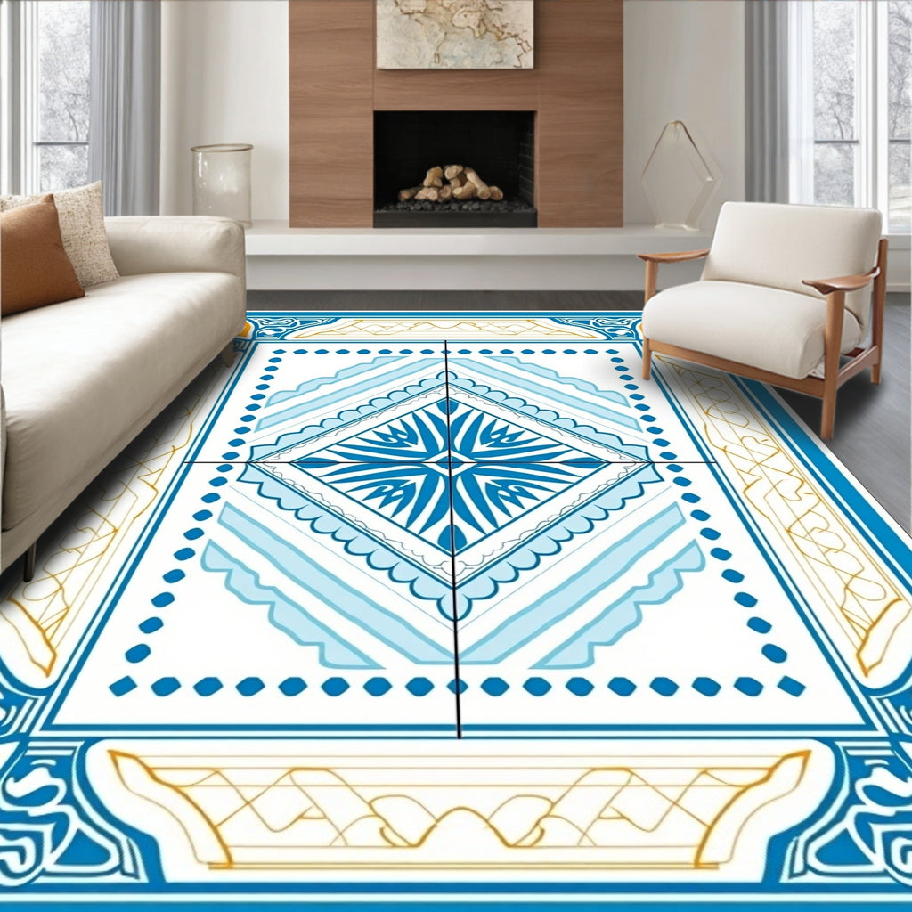 Ornate Blue Gold Deco Pattern Rug